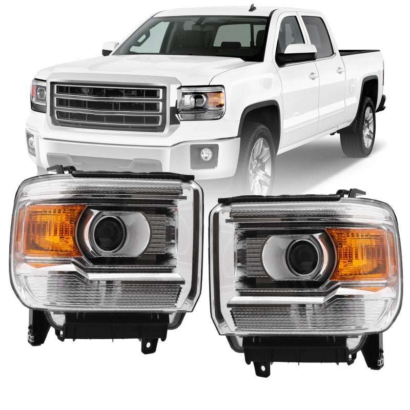 Headlight Assembly Compatible with 20142018 GMC Sierra 1500HD  20152019 GMC Sierra 2500HD 3500HD BaseDenaliSLESLT Chrome Housing Amber Reflector Without LED Daytime Running lights Headlamp